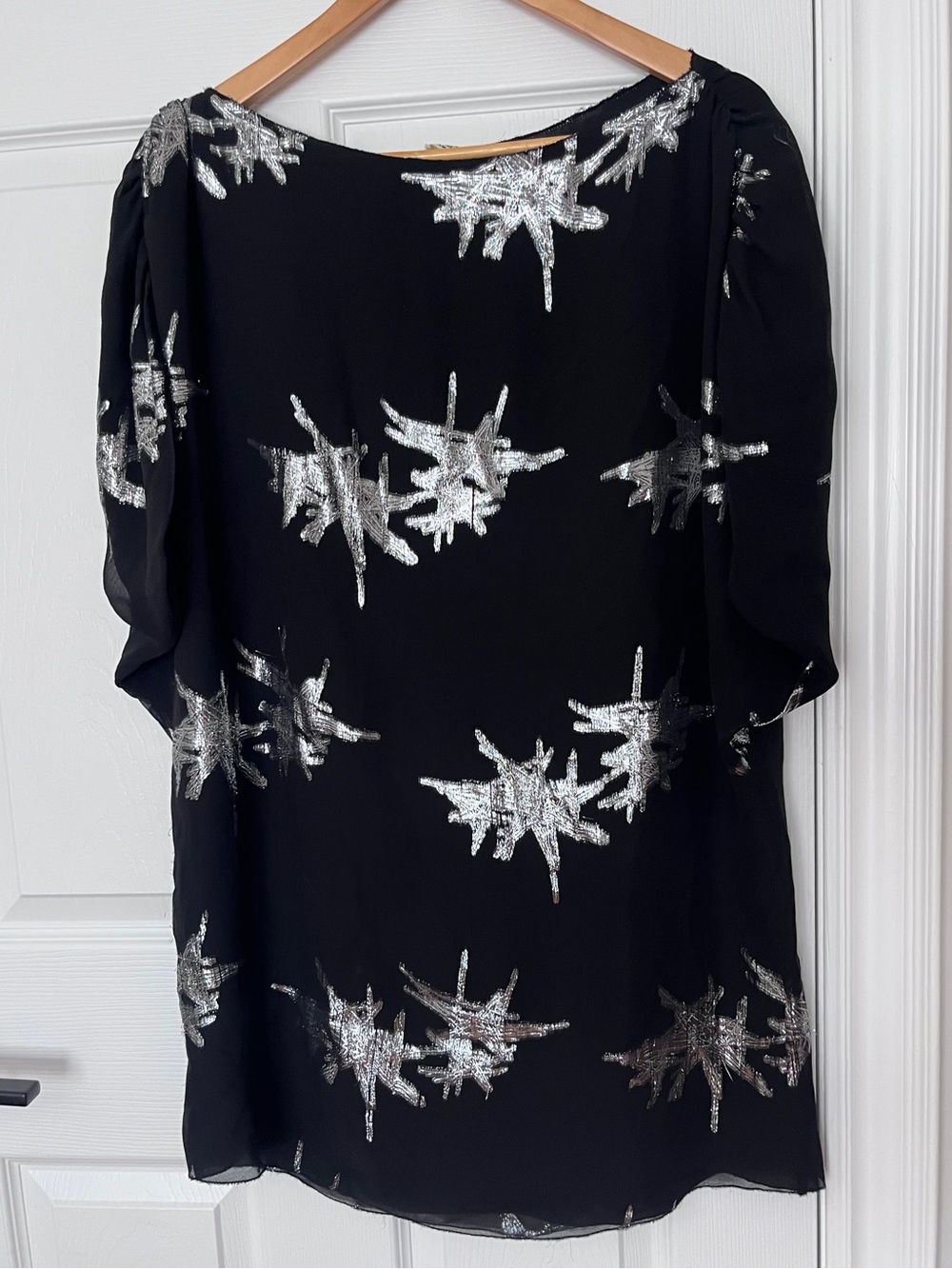 L'AGENCE Chiffon Silk Black Oversized Mini Dress Metallic Starburst Detail